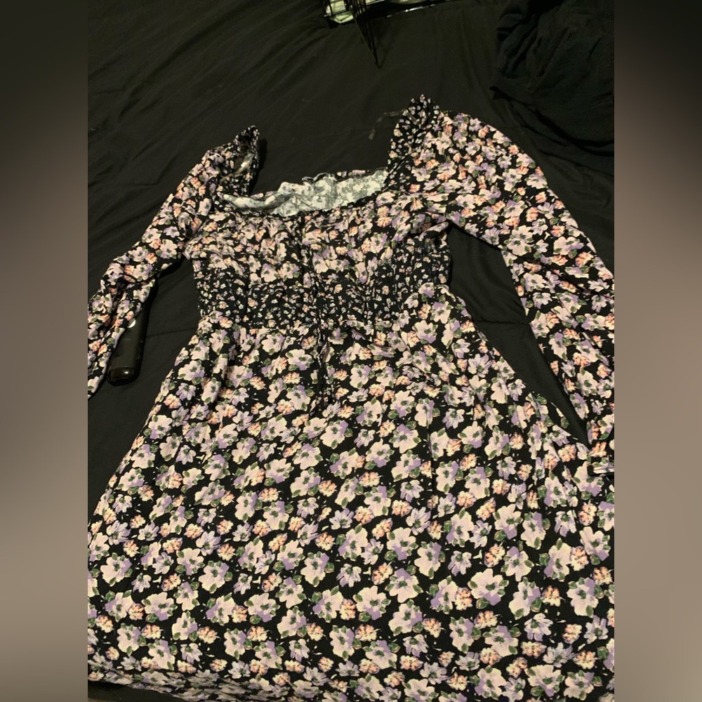 SO Black Floral Dress with Purple and White Accents
